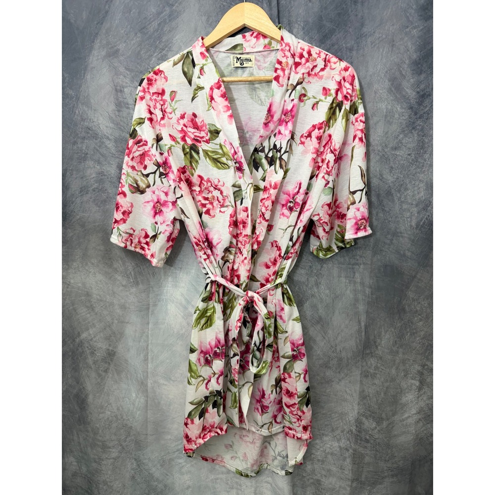 Show Me Your Mumu Floral Robe Pink White Short Wrap Tie Waist OS Cozy Soft Girl
